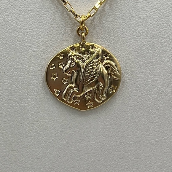 Shashi Magical Pegasus Coin Charm 18K Gold Plated Long Necklace USA Made - Picture 4 of 13